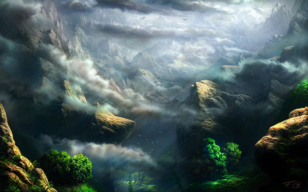 Anime-Bild 1680x1050 mit original fel-x (artist) signed cloud (clouds) wallpaper mountain no people landscape scenic nature rock plant (plants) animal tree (trees) bird (birds) grass