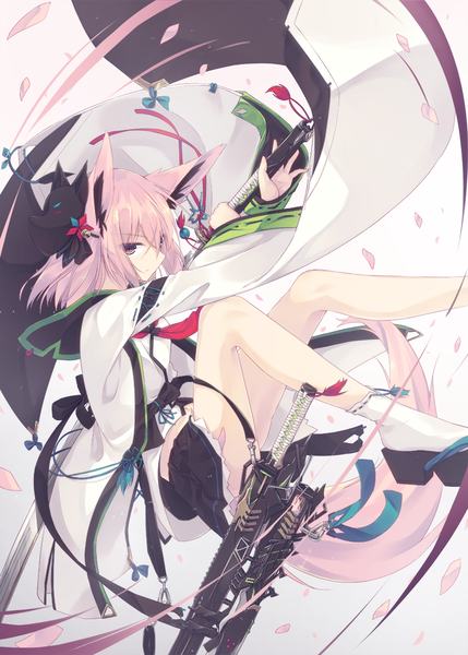 Anime picture 888x1243 with original nagishiro mito single tall image blush fringe short hair simple background hair between eyes holding brown eyes animal ears pink hair bent knee (knees) tail traditional clothes japanese clothes animal tail wide sleeves fox ears