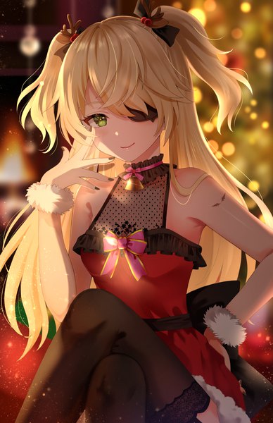 Anime picture 1357x2098 with genshin impact fischl (genshin impact) nasii single long hair tall image looking at viewer blush fringe blonde hair smile sitting bare shoulders green eyes payot indoors nail polish blurry two side up depth of field