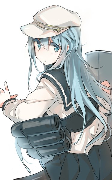 Anime picture 756x1215 with kantai collection hibiki destroyer verniy destroyer yuran (cozyquilt) single long hair tall image looking at viewer simple background white background looking back aqua eyes aqua hair girl thighhighs weapon black thighhighs gun sailor suit peaked cap