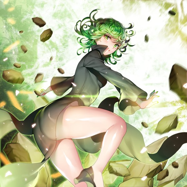 Anime picture 1000x1000 with one-punch man madhouse tatsumaki ruhee single looking at viewer short hair open mouth light erotic green eyes green hair bare legs girl dress
