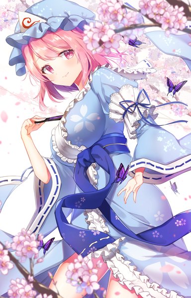 Anime picture 903x1411 with touhou saigyouji yuyuko konnyaku (yuukachan 51) single tall image looking at viewer blush short hair smile pink hair pink eyes cherry blossoms floral print girl flower (flowers) hat frills insect butterfly bonnet
