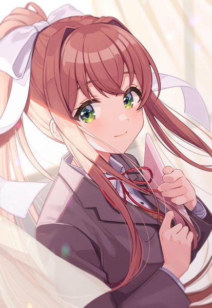 Anime picture 1252x1819 with doki doki literature club monika (doki doki literature club) shigure ui single long hair tall image looking at viewer blush fringe smile brown hair holding green eyes payot upper body ponytail long sleeves wind girl uniform