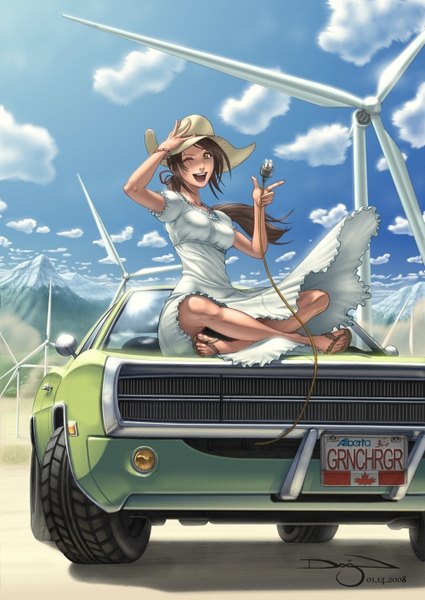 Anime picture 1000x1410 with original omar-dogan single long hair tall image open mouth smile brown hair sitting brown eyes sky cloud (clouds) ponytail one eye closed wink mountain girl dress hat ground vehicle