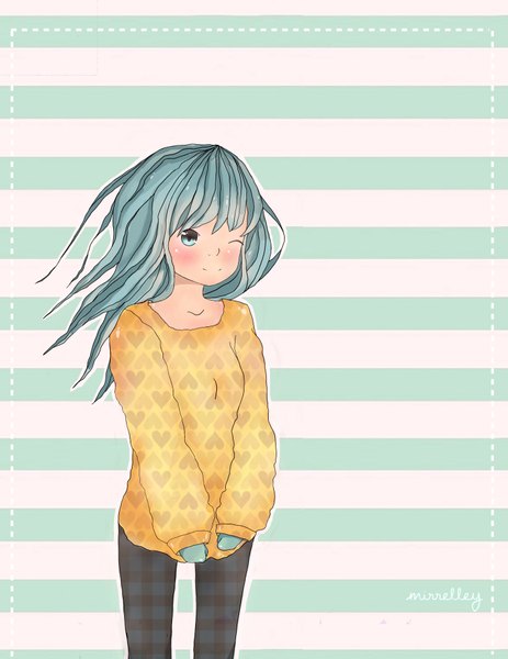 Anime picture 2993x3876 with tagme (artist) single long hair tall image blush highres smile signed long sleeves one eye closed aqua eyes wink aqua hair girl heart sweater mittens