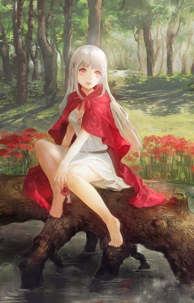 Anime picture 575x896 with sound horizon lafrenze chibi (shimon) single long hair tall image fringe breasts open mouth red eyes holding looking away outdoors white hair barefoot bare legs shadow happy river albino