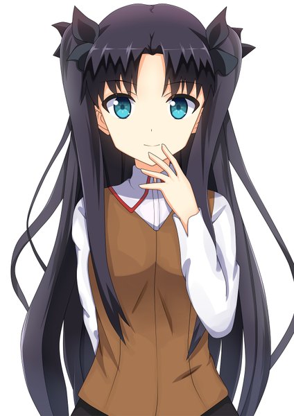 Anime picture 1240x1753 with fate (series) fate/stay night toosaka rin unscpro single long hair tall image looking at viewer blush fringe blue eyes black hair simple background white background twintails girl ribbon (ribbons) hair ribbon