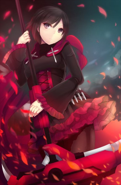 Anime picture 800x1226 with rwby rooster teeth ruby rose daiaru single tall image looking at viewer short hair black hair black eyes dark background girl dress weapon petals cape