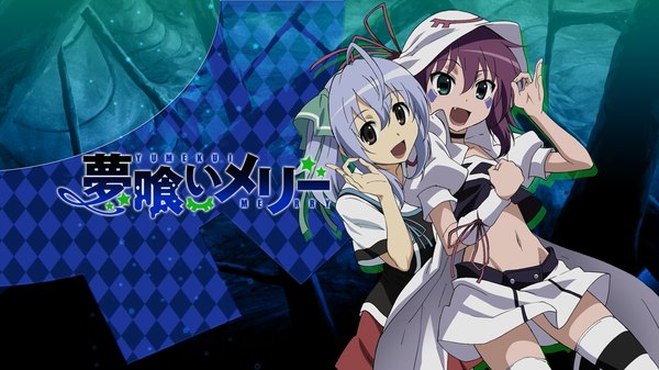 Anime picture 1920x1080 with yumekui merry merry nightmare tachibana isana highres short hair open mouth wide image twintails multiple girls brown eyes green eyes silver hair purple hair short twintails girl thighhighs navel uniform 2 girls school uniform