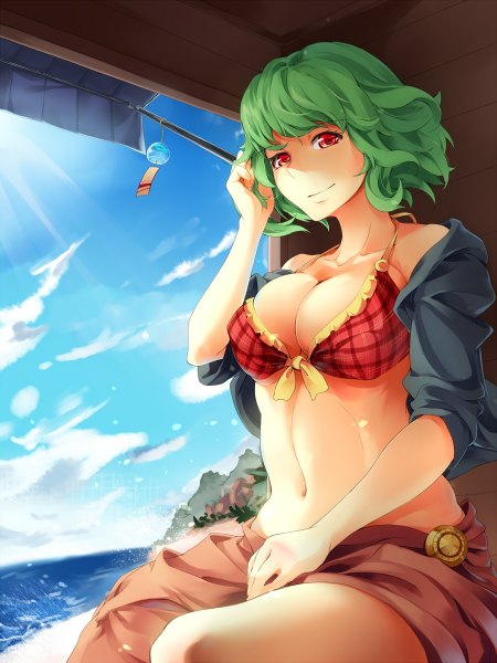 Anime picture 900x1200 with touhou kazami yuuka asutora single tall image looking at viewer short hair breasts light erotic red eyes large breasts sitting sky cloud (clouds) green hair light smile girl swimsuit bikini sea