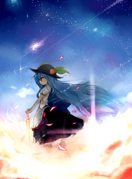 Anime picture 2000x2700 with touhou hinanawi tenshi arai seiryuu single long hair tall image highres red eyes blue hair girl weapon hat sword star (stars)