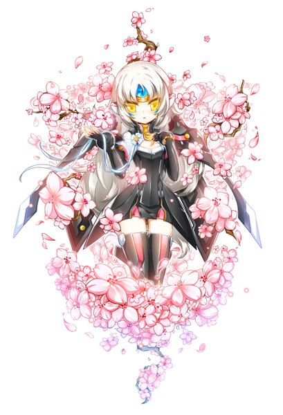 Anime picture 2124x3112 with elsword eve (elsword) poseich single long hair tall image looking at viewer highres yellow eyes silver hair girl thighhighs dress flower (flowers) petals