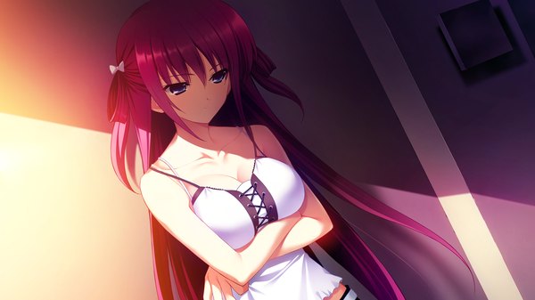 Anime picture 1280x720 with grisaia no kajitsu suou amane fumio (ura fmo) single long hair blue eyes wide image bare shoulders game cg red hair two side up hair rings girl bow hair bow