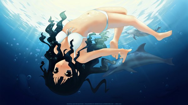 Anime picture 1920x1080 with highres black hair wide image black eyes underwater girl swimsuit bikini water white bikini dolphin