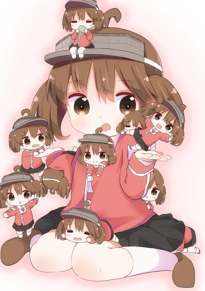 Anime picture 845x1200 with kantai collection ryuujou light aircraft carrier mugichoko (mugi no choko) tall image blush fringe short hair open mouth simple background smile hair between eyes brown hair standing sitting twintails brown eyes full body ahoge lying eyes closed