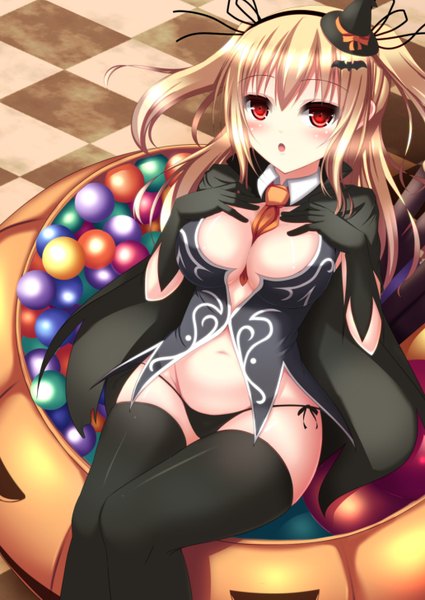 Anime picture 1032x1457 with original nyarumi single long hair tall image looking at viewer blush breasts open mouth light erotic blonde hair red eyes halloween girl thighhighs gloves navel underwear panties black thighhighs