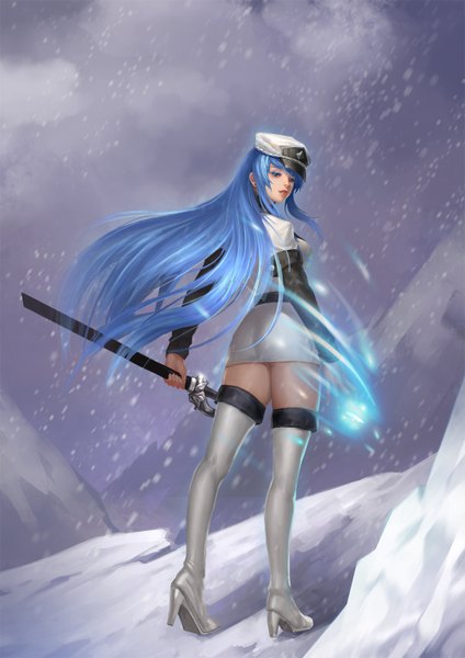 Anime picture 1000x1416 with akame ga kill! white fox esdeath hq single long hair tall image looking at viewer fringe blue eyes smile blue hair wind shadow high heels magic snowing winter snow mountain