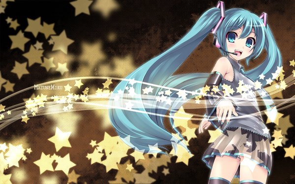 Anime picture 1920x1200 with vocaloid hatsune miku single highres open mouth blue eyes wide image twintails very long hair aqua hair girl skirt detached sleeves necktie headphones star (symbol)