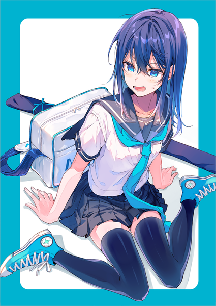 Anime picture 637x900 with original reia single long hair tall image fringe open mouth blue eyes black hair hair between eyes sitting looking away arm support border wariza sweatdrop girl thighhighs uniform black thighhighs