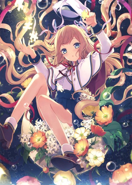 Anime picture 2364x3300 with original eshi 100-nin ten 6u (eternal land) single tall image looking at viewer blush highres blue eyes blonde hair very long hair pleated skirt scan two side up hat removed girl skirt flower (flowers) hat shoes