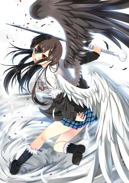 Anime picture 1301x1841 with original bellezza felutia xephonia single long hair tall image blush open mouth black hair heterochromia otoko no ko boy skirt weapon miniskirt petals sword wings boots katana