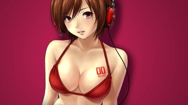 Anime picture 1706x960 with vocaloid meiko asami (undoundo) single looking at viewer highres short hair breasts light erotic simple background smile brown hair wide image brown eyes cleavage upper body pink background face girl headphones