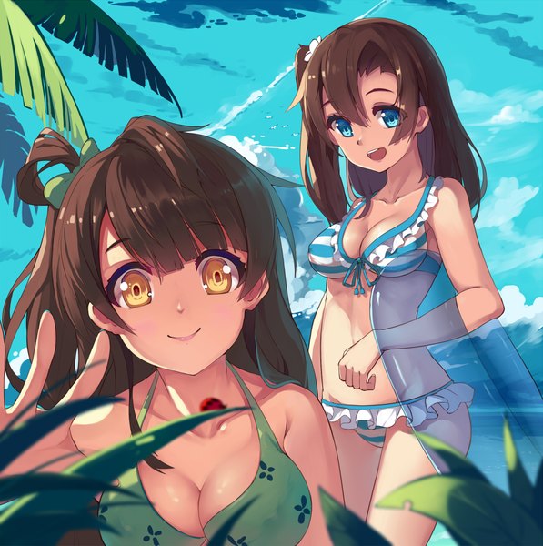 Anime picture 2000x2011 with love live! school idol project sunrise (studio) love live! minami kotori kousaka honoka baisi shaonian long hair tall image looking at viewer highres breasts open mouth blue eyes light erotic smile brown hair multiple girls yellow eyes sky cloud (clouds)