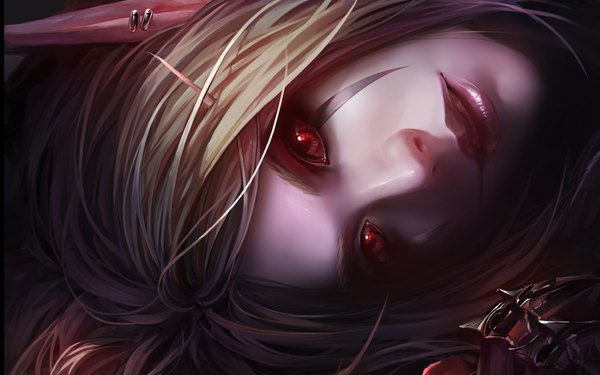 Anime picture 1280x800 with world of warcraft blizzard entertainment sylvanas windrunner chenbo single blonde hair red eyes wide image lips pointy ears realistic lipstick facial mark close-up elf face face paint purple skin girl earrings