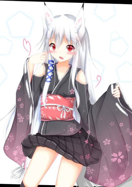 Anime picture 1032x1457 with original masa000010 single long hair tall image looking at viewer blush fringe open mouth simple background red eyes white background bare shoulders animal ears traditional clothes japanese clothes pleated skirt wide sleeves fang (fangs) fox ears