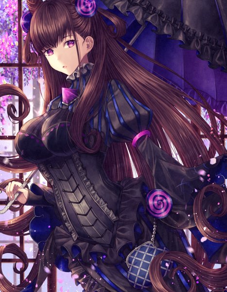 Anime picture 934x1200 with fate (series) fate/grand order murasaki shikibu (fate) me meel single long hair tall image looking at viewer breasts brown hair large breasts purple eyes payot upper body two side up girl dress flower (flowers) umbrella corset
