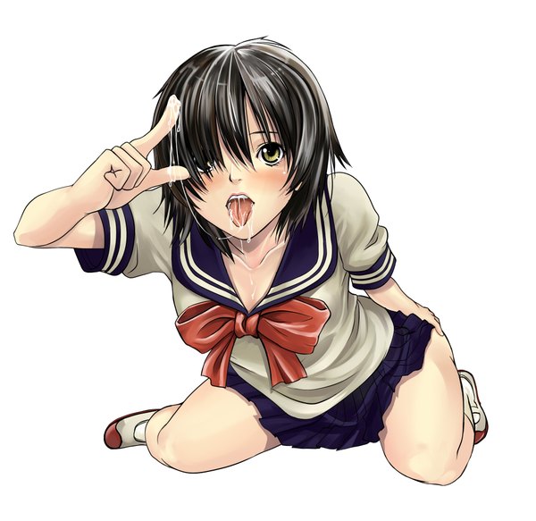 Anime picture 1943x1888 with nazo no kanojo x urabe mikoto tonbo (artist) single blush highres short hair light erotic black hair simple background white background yellow eyes saliva girl skirt uniform bow school uniform serafuku tongue