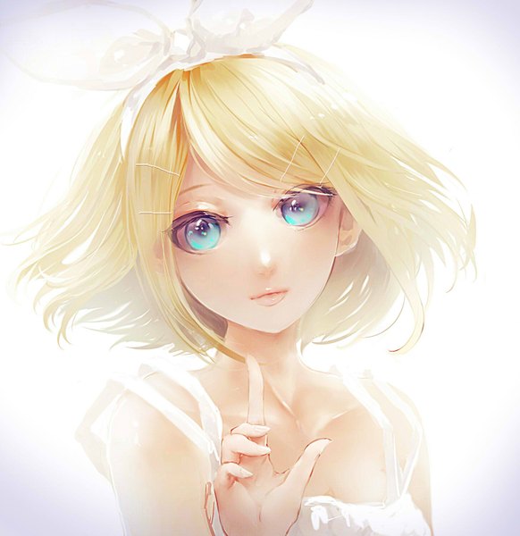 Anime picture 1454x1500 with vocaloid kagamine rin miko (pixiv) single tall image looking at viewer short hair blue eyes blonde hair head tilt lips alternate costume girl dress hair ornament hairband bobby pin sundress