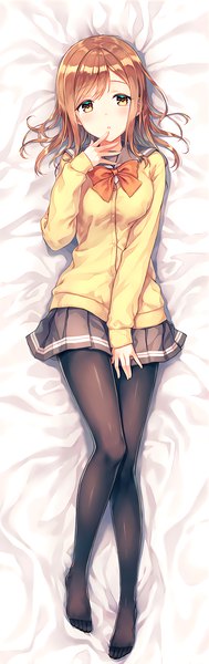 Anime picture 1228x3886 with love live! sunshine!! sunrise (studio) love live! kunikida hanamaru hiten (hitenkei) single long hair tall image looking at viewer blush fringe brown hair brown eyes full body lying long sleeves parted lips pleated skirt :o on back