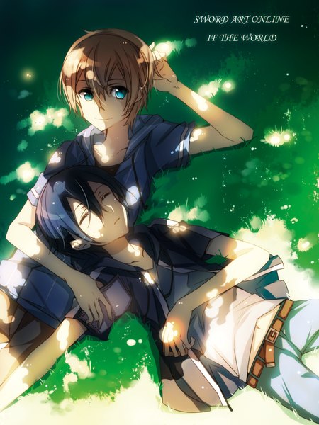 Anime picture 750x1000 with sword art online a-1 pictures kirigaya kazuto eugeo (sao) jianmo sl tall image short hair black hair blonde hair smile looking away lying eyes closed sunlight inscription multiple boys sleeping shounen ai boy plant (plants)