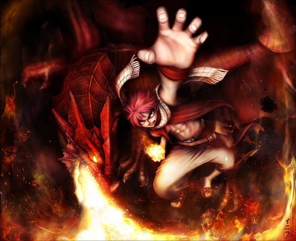 Anime picture 3510x2860 with fairy tail natsu dragneel igneel inira highres short hair brown eyes yellow eyes pink hair absurdres from above sleeveless grin torn clothes magic glowing glowing eye (eyes) muscle angry boy