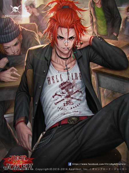 Anime picture 900x1200 with joker ~gang road~ chrisnfy85 tall image looking at viewer short hair blonde hair smile red eyes sitting holding ponytail red hair one eye closed wink inscription copyright name mouth hold hands in pockets classroom bandaid on nose
