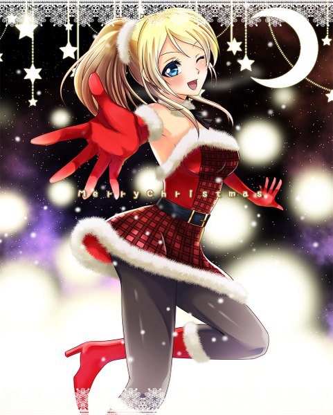 Anime picture 963x1200 with love live! school idol project sunrise (studio) love live! ayase eli tagme (artist) single long hair tall image blush open mouth blue eyes ponytail one eye closed wink christmas merry christmas girl dress gloves pantyhose