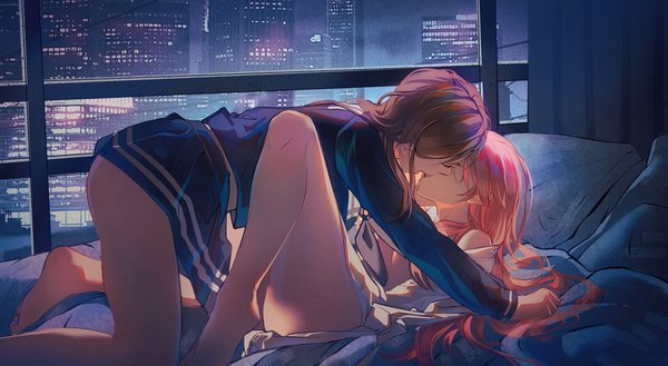 Anime picture 3573x1962 with bang dream! bang dream! it's mygo!!!!! nagasaki soyo chihaya anon akaga204 long hair highres light erotic brown hair wide image multiple girls pink hair indoors lying long sleeves barefoot night on back city holding hands