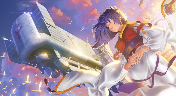 Anime picture 1200x655 with arc the lad kukuru (arc the lad) cojibou single long hair blue eyes wide image blue hair sky cloud (clouds) girl dress animal bird (birds)