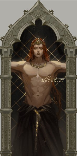 Anime-Bild 1079x2195 mit elden ring radagon of the golden order gravitydusty single long hair tall image looking at viewer standing signed red hair spread arms topless muscle abs shirtless boy navel necklace tiara