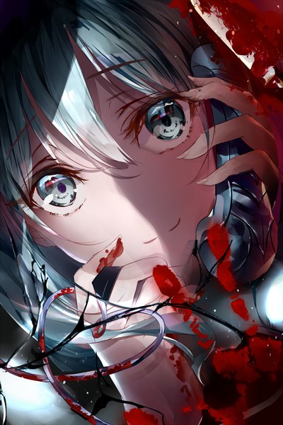 Anime picture 1519x2280 with touhou komeiji koishi eien no juu nana-sa single tall image looking at viewer fringe short hair hair between eyes holding aqua eyes fingernails light smile aqua hair dutch angle close-up shaded face face long fingernails hand print