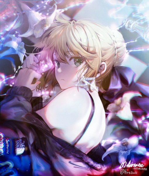 Anime picture 1203x1417 with fate (series) fate/stay night artoria pendragon (all) saber hirose (10011) single tall image looking at viewer fringe short hair blonde hair hair between eyes bare shoulders green eyes signed payot upper body ahoge lying braid (braids)