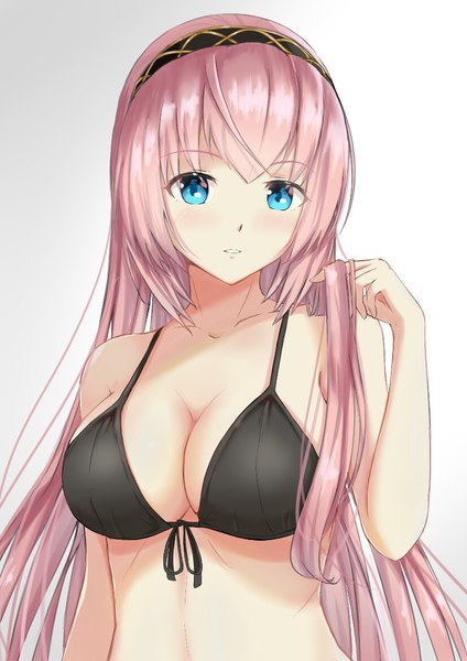 Anime picture 826x1169 with vocaloid megurine luka as4gi single long hair tall image looking at viewer blush fringe breasts blue eyes light erotic simple background hair between eyes large breasts payot pink hair cleavage upper body parted lips