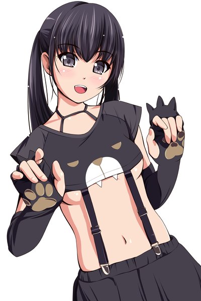 Anime picture 800x1200 with original matsunaga kouyou single long hair tall image looking at viewer blush fringe open mouth light erotic black hair simple background hair between eyes white background twintails black eyes girl navel