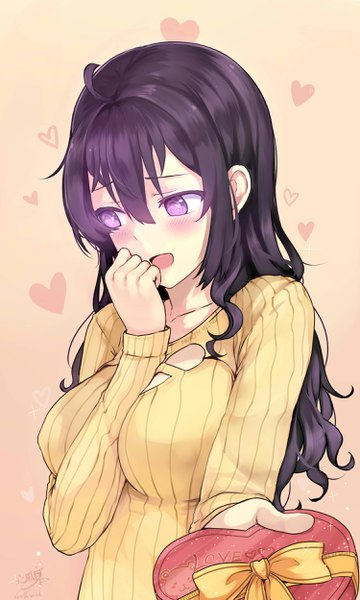 Anime picture 1500x2500 with original miyaura sanshio beifeng han single long hair tall image blush fringe breasts open mouth light erotic black hair simple background hair between eyes large breasts purple eyes holding looking away upper body ahoge