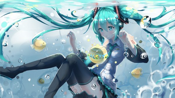 Anime picture 2039x1147 with vocaloid hatsune miku asahi kuroi single blush fringe highres wide image twintails bare shoulders signed looking away long sleeves very long hair nail polish pleated skirt aqua eyes aqua hair wide sleeves tattoo