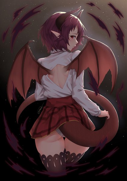 Anime picture 1438x2041 with shingeki no bahamut manaria friends grea (shingeki no bahamut) thore (nathalukpol) single tall image looking at viewer blush fringe short hair light erotic red eyes standing signed ass red hair tail parted lips profile looking back