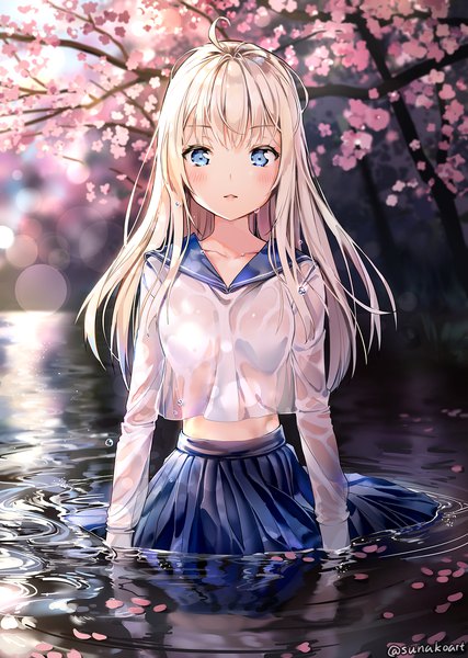 Anime picture 1288x1811 with original sunako (veera) single long hair tall image looking at viewer blush fringe breasts blue eyes light erotic blonde hair hair between eyes standing signed payot ahoge parted lips pleated skirt blurry