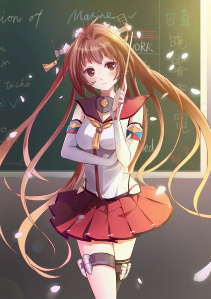 Anime picture 2479x3507 with kantai collection yamato super battleship chaos (artist) single tall image blush highres brown hair brown eyes looking away very long hair light smile girl dress skirt detached sleeves blackboard