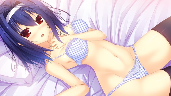 Anime picture 2560x1440 with maboroshi no dystopia tagme (character) tsuzura aya single looking at viewer blush fringe highres short hair breasts open mouth light erotic red eyes wide image blue hair cleavage lying midriff underwear only groin